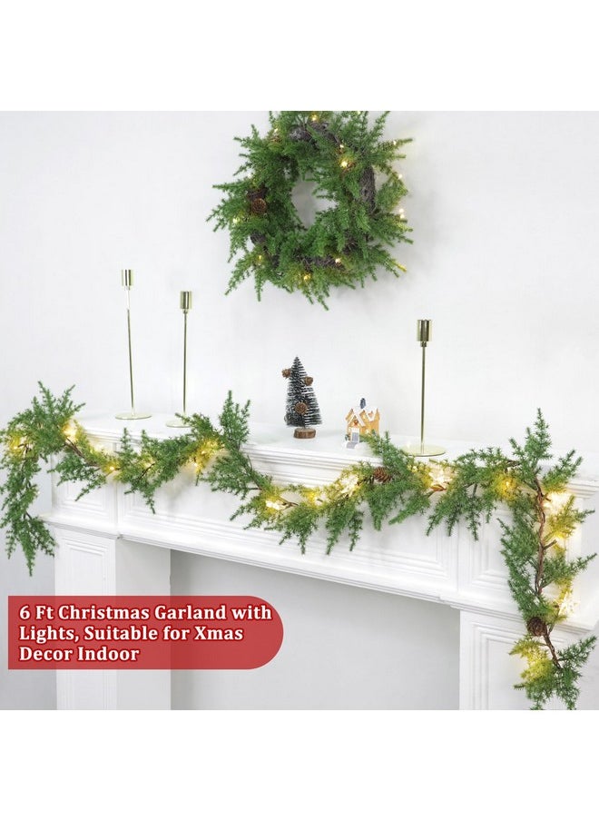 Camlinbo Christmas Garland with Lights, 6 Ft Cedar Pine Garland- Juniper Winter Greenery Garland with Timer 10 Star Lights Pine Cones Garlands Christmas Decoration for Home Fireplace Table Decor  - Image 2