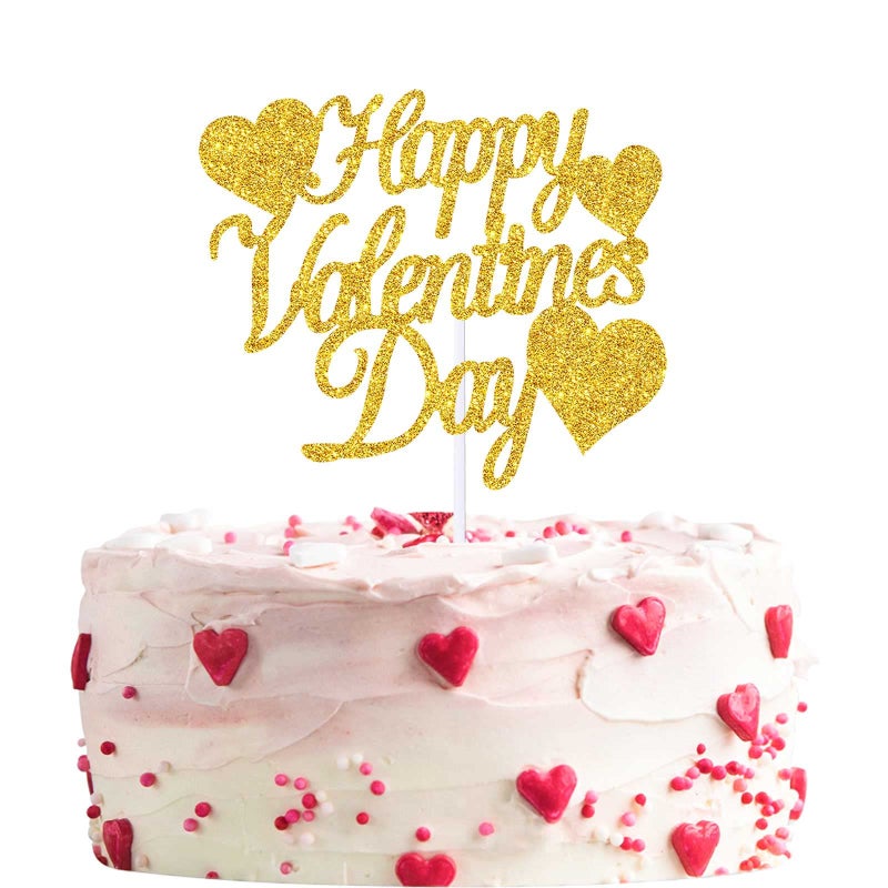 Creaides 12pcs Gold Glitter Happy Valentine's Day Cake Toppers Food Picks Cake Decorations for Valentine's Day Party Suppliers - Image 1