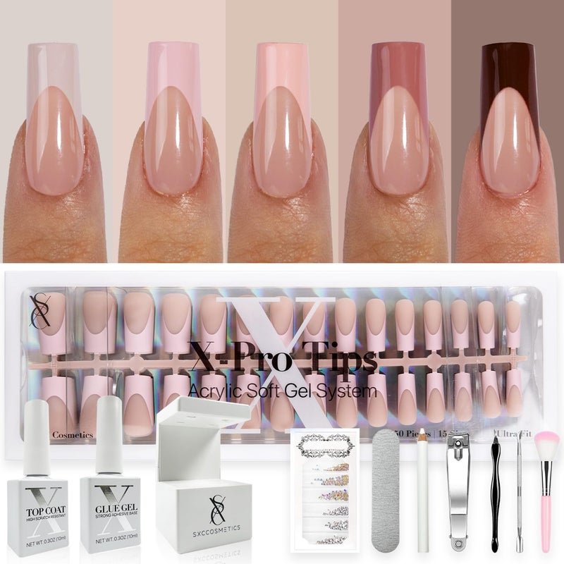 SXC Cosmetics French Tip Press On Nails - Skin Tone Nude and Color Series, Medium Square X-Pro Tips Starter Kit ST117KIT - Image 1
