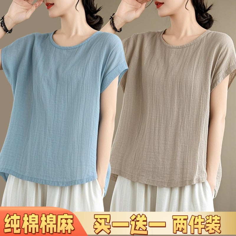 Plus Size Commuter Style Korean Style Pure Color Short-Sleeved T-Shirt Summer Thin Cotton Women'S Casual Style Two-Piece Linen White - Image 1