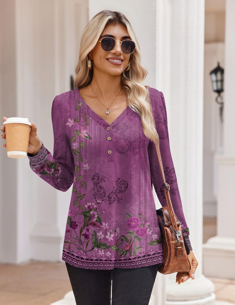 Zeagoo Purple Blouse Winter Clothes Floral Print Dressy Casual V-Neck Fall Tunic Tops for Leggings Purple Floral L - Image 4