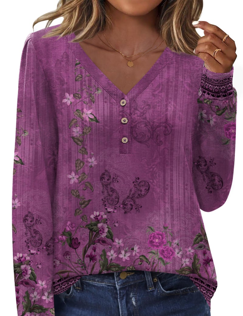 Zeagoo Purple Blouse Winter Clothes Floral Print Dressy Casual V-Neck Fall Tunic Tops for Leggings Purple Floral L - Image 2