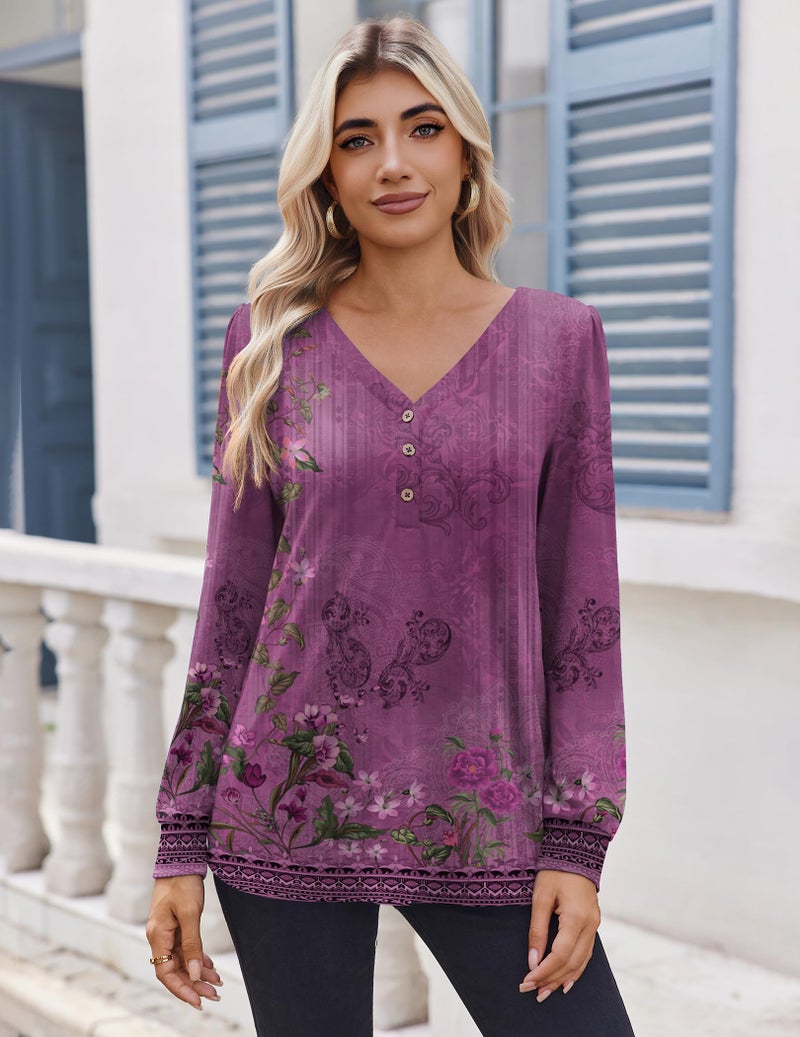 Zeagoo Purple Blouse Winter Clothes Floral Print Dressy Casual V-Neck Fall Tunic Tops for Leggings Purple Floral L - Image 3