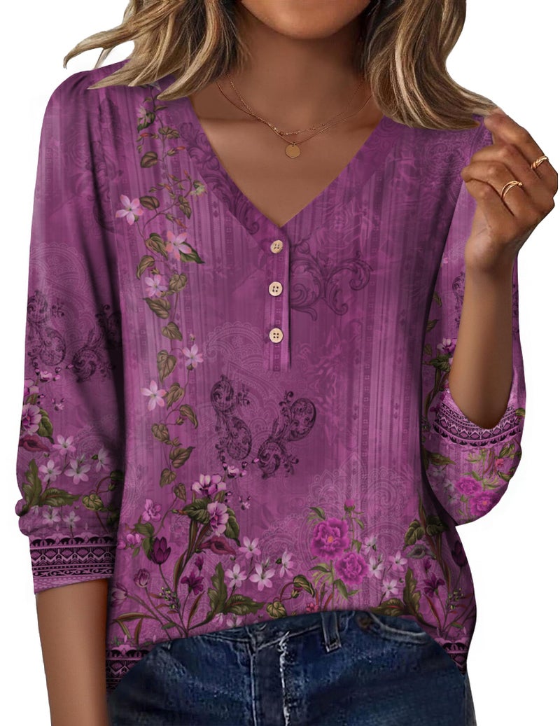 Zeagoo Purple Blouse Winter Clothes Floral Print Dressy Casual V-Neck Fall Tunic Tops for Leggings Purple Floral L - Image 1
