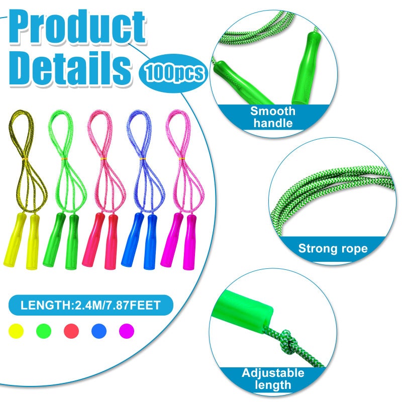 Honoson 100 Pcs Rainbow Jump Rope Bulk Gift for Kids 78ft Nylon Stripe Ropes with Handle Adjustable Colorful Party Favor Christmas Item Gift Outdoor Exercise Fitness Multicolor - Image 3