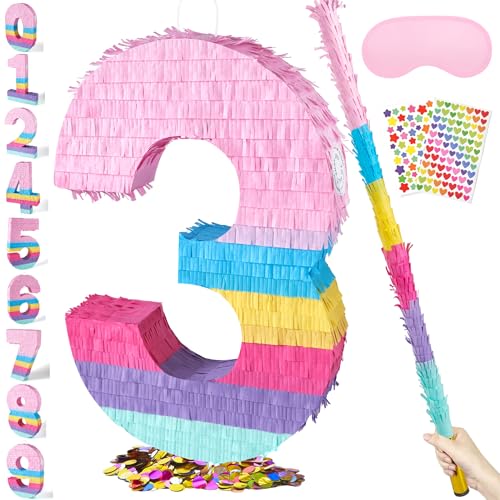 PCFING 20 Inch Number 3 Piata Candy Color with 30 Inch Piata Stick Blindfold Confetti for Boys Girls Adults Birthday Party Decorations Anniversary Celebration Fiesta - Image 1