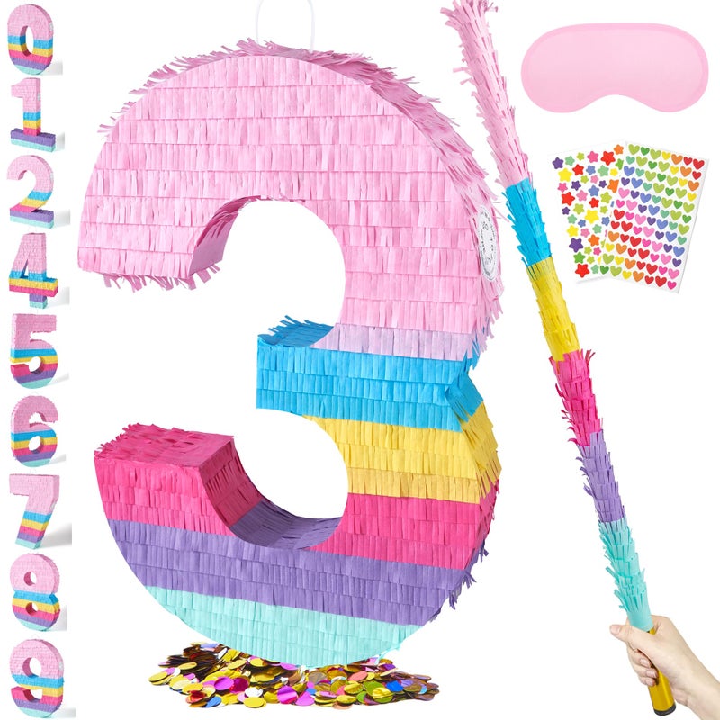 PCFING 20 Inch Number 3 Piata Candy Color with 30 Inch Piata Stick Blindfold Confetti for Boys Girls Adults Birthday Party Decorations Anniversary Celebration Fiesta - Image 3