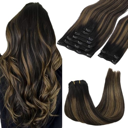 Googoo GOO GOO Clip in Hair Extensions Real Human Hair, Remy Human Hair Extensions Clip ins for Women, Natural Human Hair, 18inch 120g 7Pcs, 1B/6/1B Balayage Natural Black to Chestnut Brown - Image 1