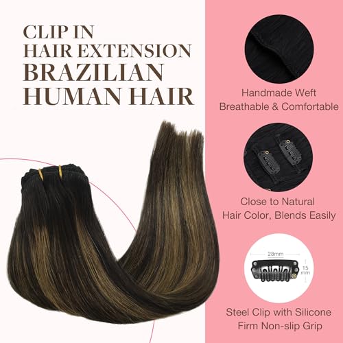 Googoo GOO GOO Clip in Hair Extensions Real Human Hair, Remy Human Hair Extensions Clip ins for Women, Natural Human Hair, 18inch 120g 7Pcs, 1B/6/1B Balayage Natural Black to Chestnut Brown - Image 3