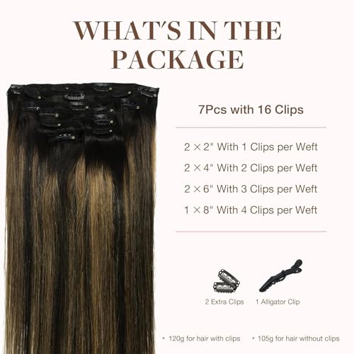 Googoo GOO GOO Clip in Hair Extensions Real Human Hair, Remy Human Hair Extensions Clip ins for Women, Natural Human Hair, 18inch 120g 7Pcs, 1B/6/1B Balayage Natural Black to Chestnut Brown - Image 2