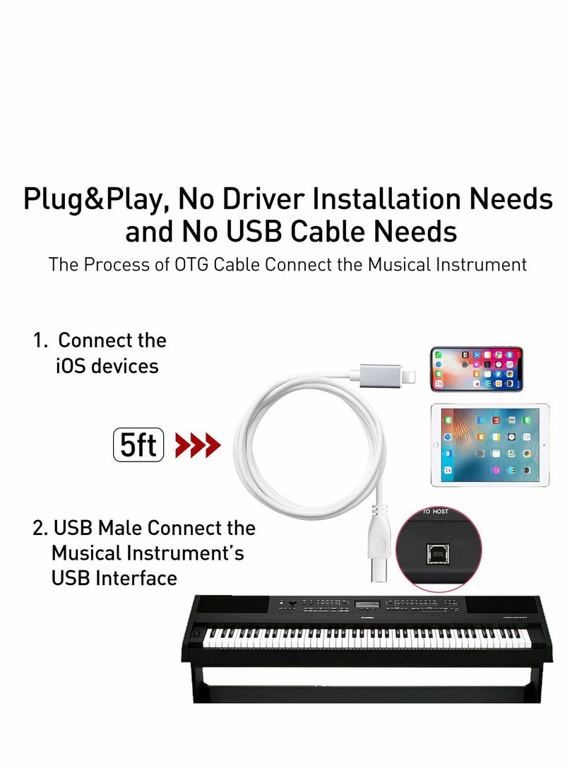 Excefore كابل USB 2.0 من النوع B إلى كابل MIDI كابل OTG متوافق مع أجهزة iOS إلى وحدة تحكم MIDI وأداة موسيقية إلكترونية ولوحة مفاتيح MIDI وواجهة صوتية للتسجيل وميكروفون USB بطول 100 سم - Image 4