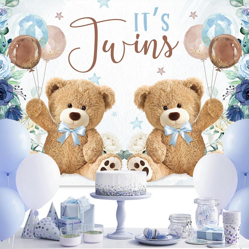 Imirell Twin Bear Boys Baby Shower Backdrop 7Wx5H Feet It's Twins Boy Navy Blue Floral Brown Balloon Newborn Polyester Fabric Cute Lovely Photography Backgrounds Photo Shoot Decor Props Decoration - Image 4