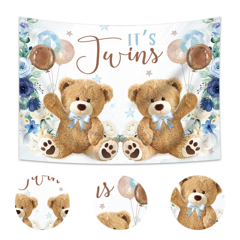 Imirell Twin Bear Boys Baby Shower Backdrop 7Wx5H Feet It's Twins Boy Navy Blue Floral Brown Balloon Newborn Polyester Fabric Cute Lovely Photography Backgrounds Photo Shoot Decor Props Decoration - Image 2