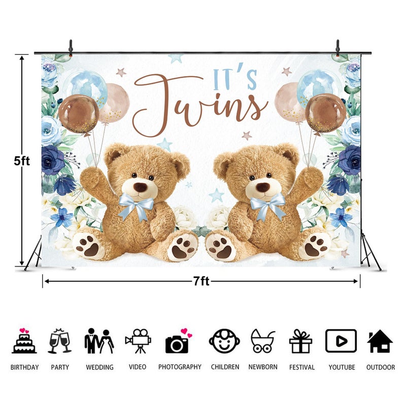 Imirell Twin Bear Boys Baby Shower Backdrop 7Wx5H Feet It's Twins Boy Navy Blue Floral Brown Balloon Newborn Polyester Fabric Cute Lovely Photography Backgrounds Photo Shoot Decor Props Decoration - Image 3