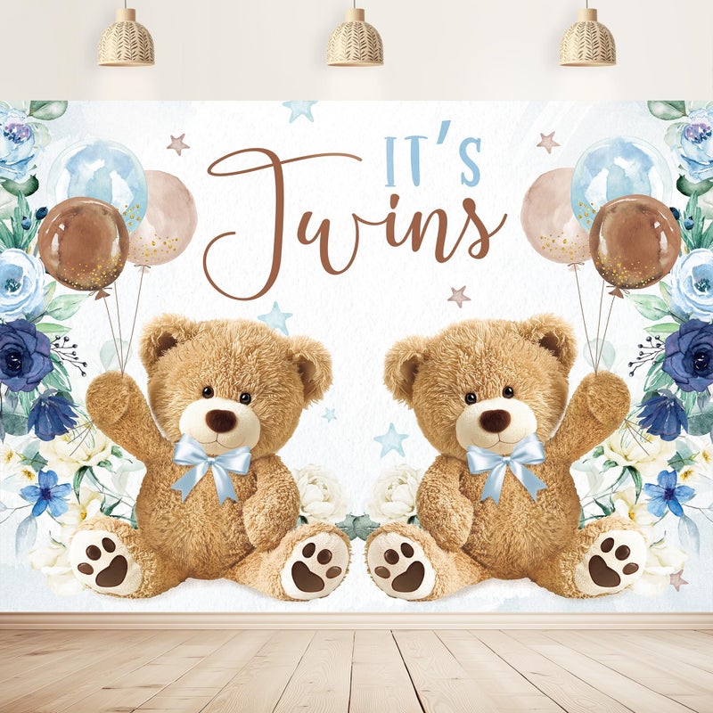 Imirell Twin Bear Boys Baby Shower Backdrop 7Wx5H Feet It's Twins Boy Navy Blue Floral Brown Balloon Newborn Polyester Fabric Cute Lovely Photography Backgrounds Photo Shoot Decor Props Decoration - Image 1