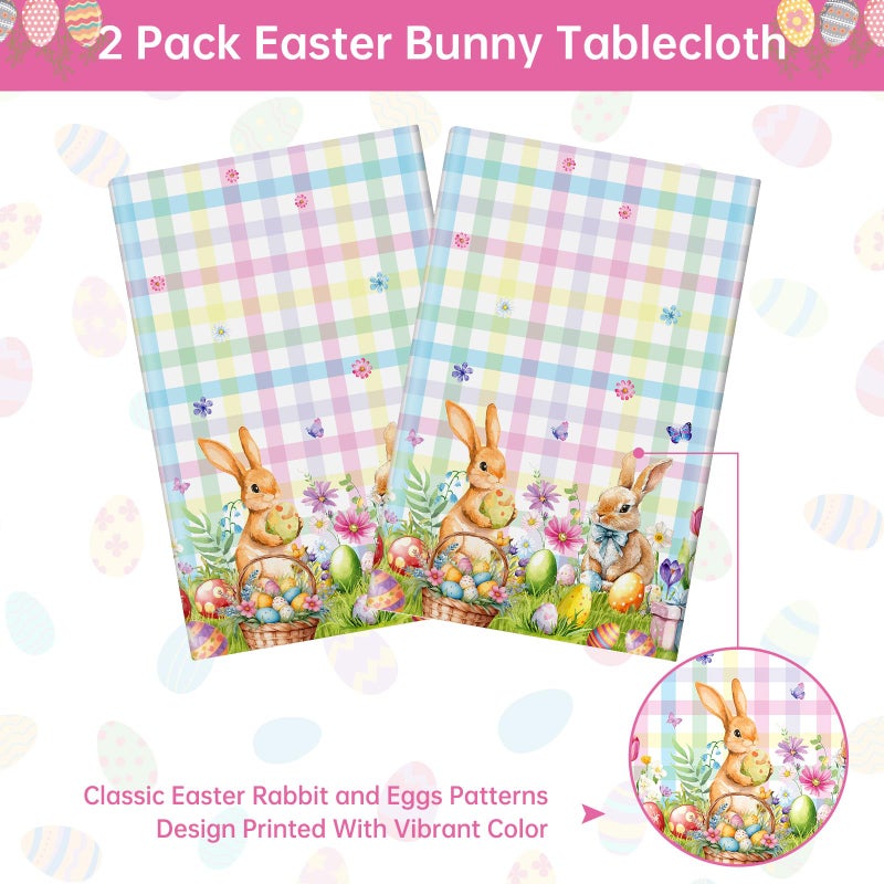 Litmitfu 2 Pcs Easter Bunny Tablecloth - Easter Plastic Buffalo Plaid Tablecloth, Spring Flower Cute Rabbit Colorful Eggs Rectangle Table Cover for Table Decorations Party Decor Supplies Favors, 108 x 54 Inch - Image 4
