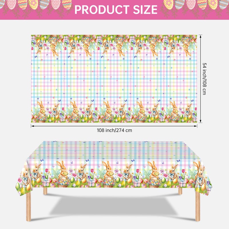 Litmitfu 2 Pcs Easter Bunny Tablecloth - Easter Plastic Buffalo Plaid Tablecloth, Spring Flower Cute Rabbit Colorful Eggs Rectangle Table Cover for Table Decorations Party Decor Supplies Favors, 108 x 54 Inch - Image 3