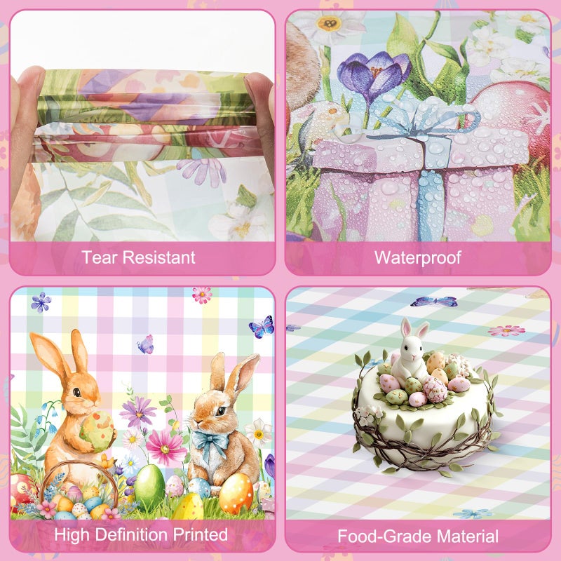 Litmitfu 2 Pcs Easter Bunny Tablecloth - Easter Plastic Buffalo Plaid Tablecloth, Spring Flower Cute Rabbit Colorful Eggs Rectangle Table Cover for Table Decorations Party Decor Supplies Favors, 108 x 54 Inch - Image 5