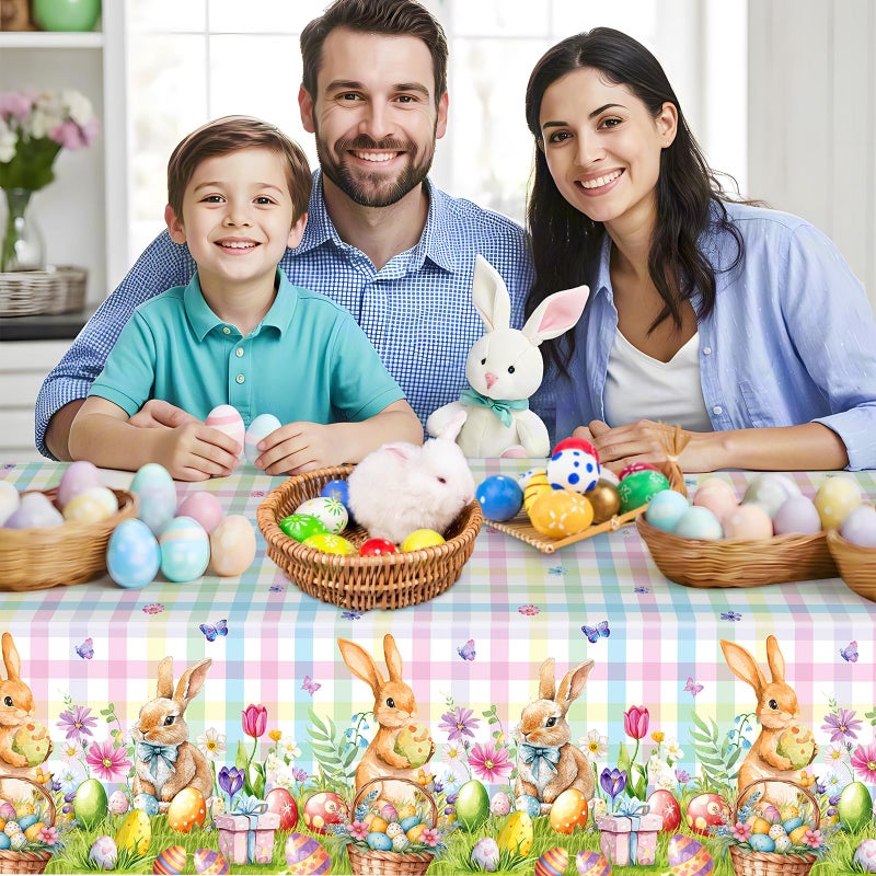 Litmitfu 2 Pcs Easter Bunny Tablecloth - Easter Plastic Buffalo Plaid Tablecloth, Spring Flower Cute Rabbit Colorful Eggs Rectangle Table Cover for Table Decorations Party Decor Supplies Favors, 108 x 54 Inch - Image 2