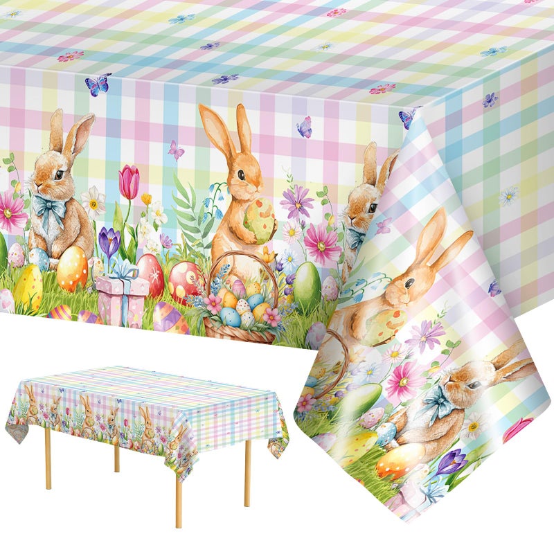 Litmitfu 2 Pcs Easter Bunny Tablecloth - Easter Plastic Buffalo Plaid Tablecloth, Spring Flower Cute Rabbit Colorful Eggs Rectangle Table Cover for Table Decorations Party Decor Supplies Favors, 108 x 54 Inch - Image 1