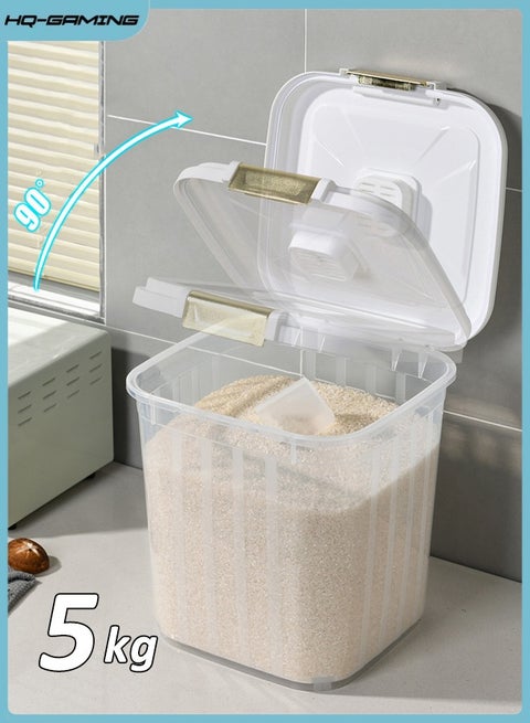 Rice Storage Container, 5kg Rice Dispenser, Household Rice Bucket, Clear Plastic Grain Barrel Sealed Grain Storage Bucket with Sending Measuring Cups, Kitchen Multifunctional Grain Container