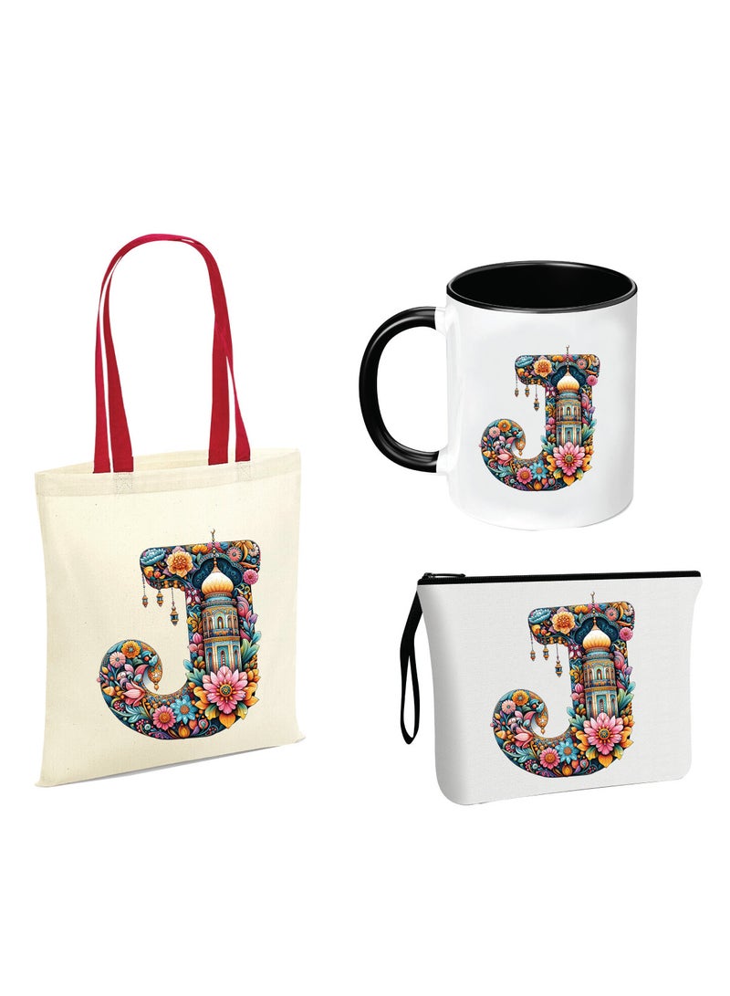 PRINTSHOP4ME Pack of 3 Initial Monogram Gift Set - Black Coffee Mug, Cosmetic Bag and Cotton Tote bag Set - Gift Set for Her - Perfect for Ramadan, School, Travel and Birthday Gift - Image 1