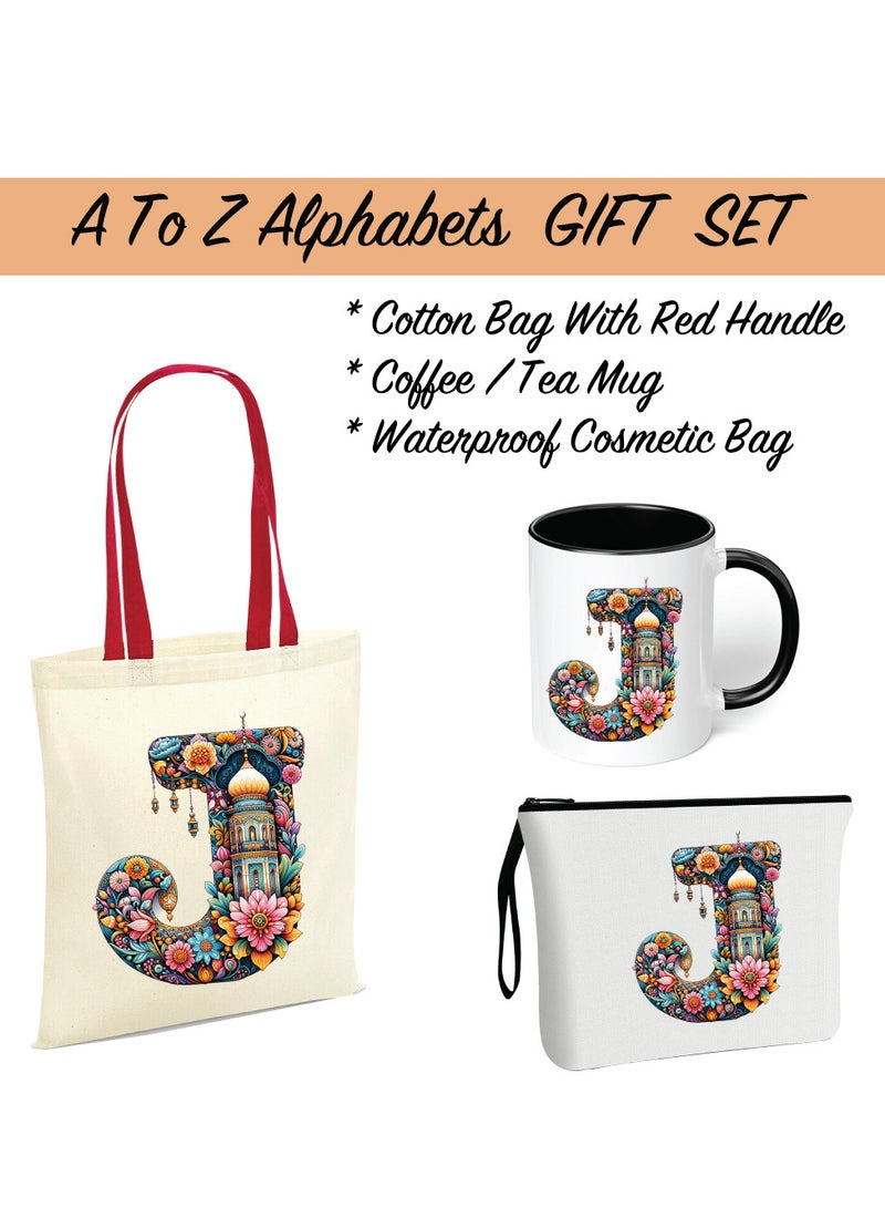 PRINTSHOP4ME Pack of 3 Initial Monogram Gift Set - Black Coffee Mug, Cosmetic Bag and Cotton Tote bag Set - Gift Set for Her - Perfect for Ramadan, School, Travel and Birthday Gift - Image 2