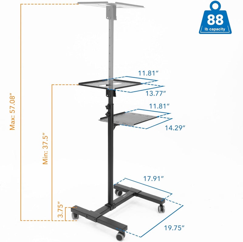 Mount-It! Mobile Projector and Laptop Stand (2 Shelves), Rolling Cart with Ventilated Tray, Heavy Duty, Height Adjustable Laptop and Projector Presentation Trolley, Black - Image 4
