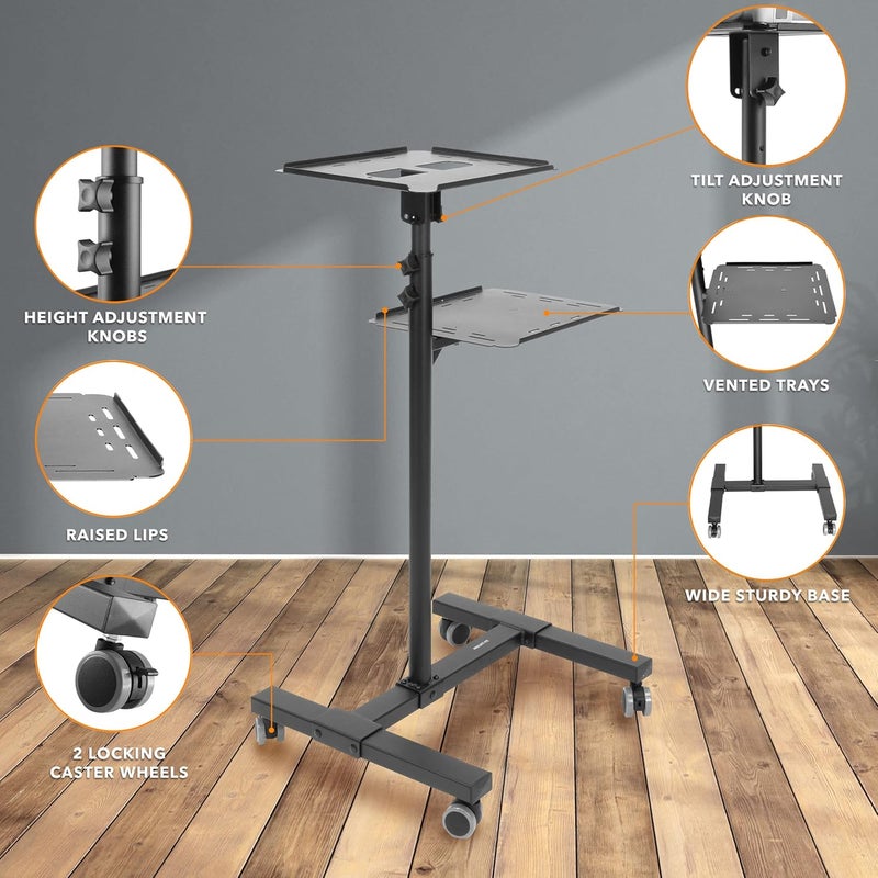 Mount-It! Mobile Projector and Laptop Stand (2 Shelves), Rolling Cart with Ventilated Tray, Heavy Duty, Height Adjustable Laptop and Projector Presentation Trolley, Black - Image 2