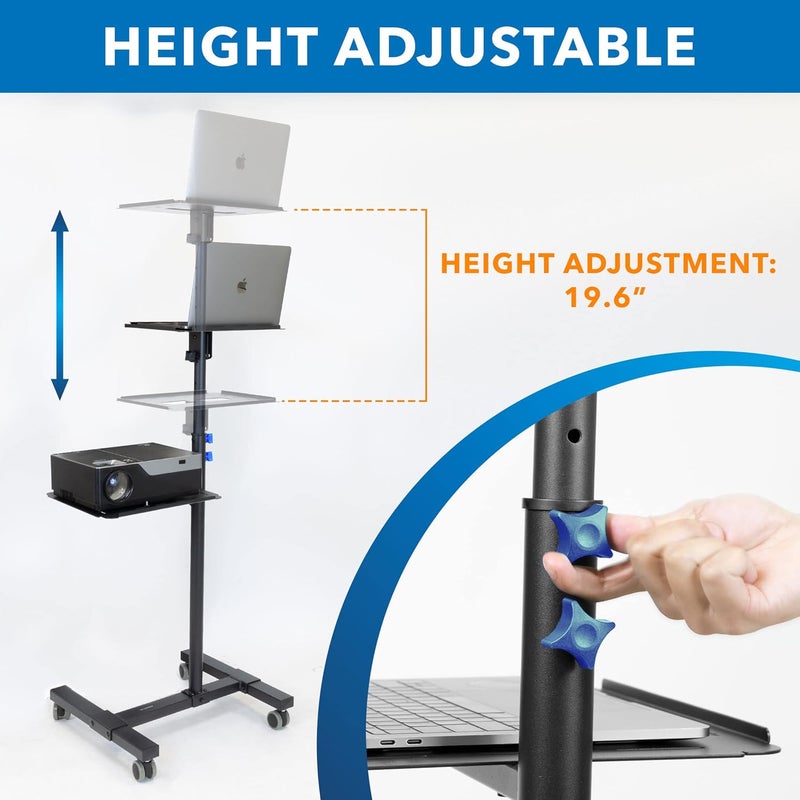 Mount-It! Mobile Projector and Laptop Stand (2 Shelves), Rolling Cart with Ventilated Tray, Heavy Duty, Height Adjustable Laptop and Projector Presentation Trolley, Black - Image 3