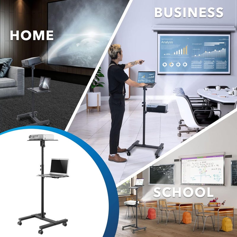 Mount-It! Mobile Projector and Laptop Stand (2 Shelves), Rolling Cart with Ventilated Tray, Heavy Duty, Height Adjustable Laptop and Projector Presentation Trolley, Black - Image 1
