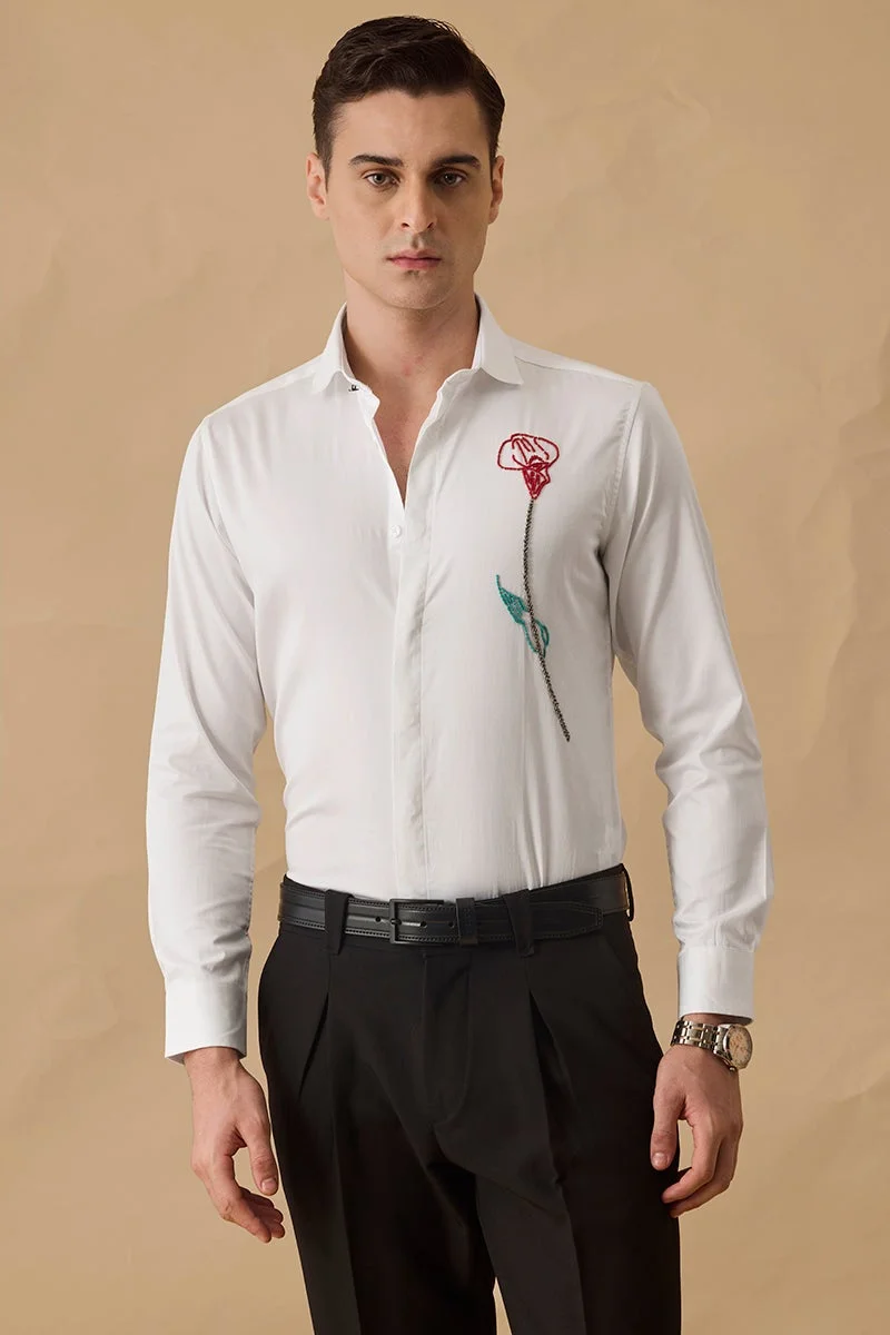 سنيتش White Embroidered Long Sleeve Slim Fit Shirt