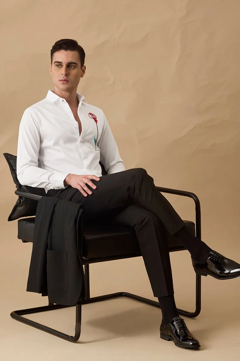 سنيتش White Embroidered Long Sleeve Slim Fit Shirt