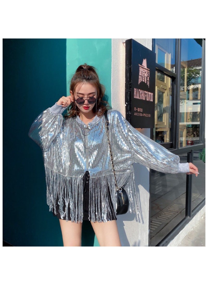 Generic - Sequin Crop Jacket Loose Glitter Singer Streetwear Silver - Image 1