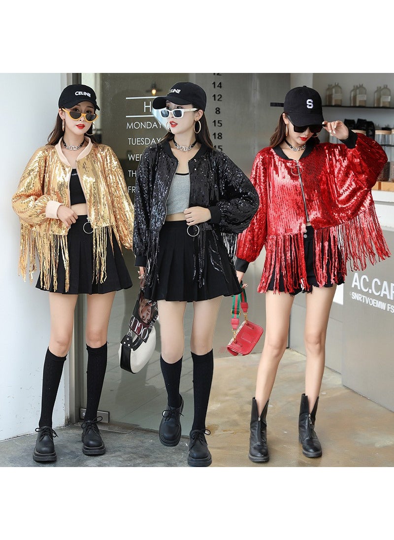 Generic - Sequin Crop Jacket Loose Glitter Singer Streetwear Silver - Image 1