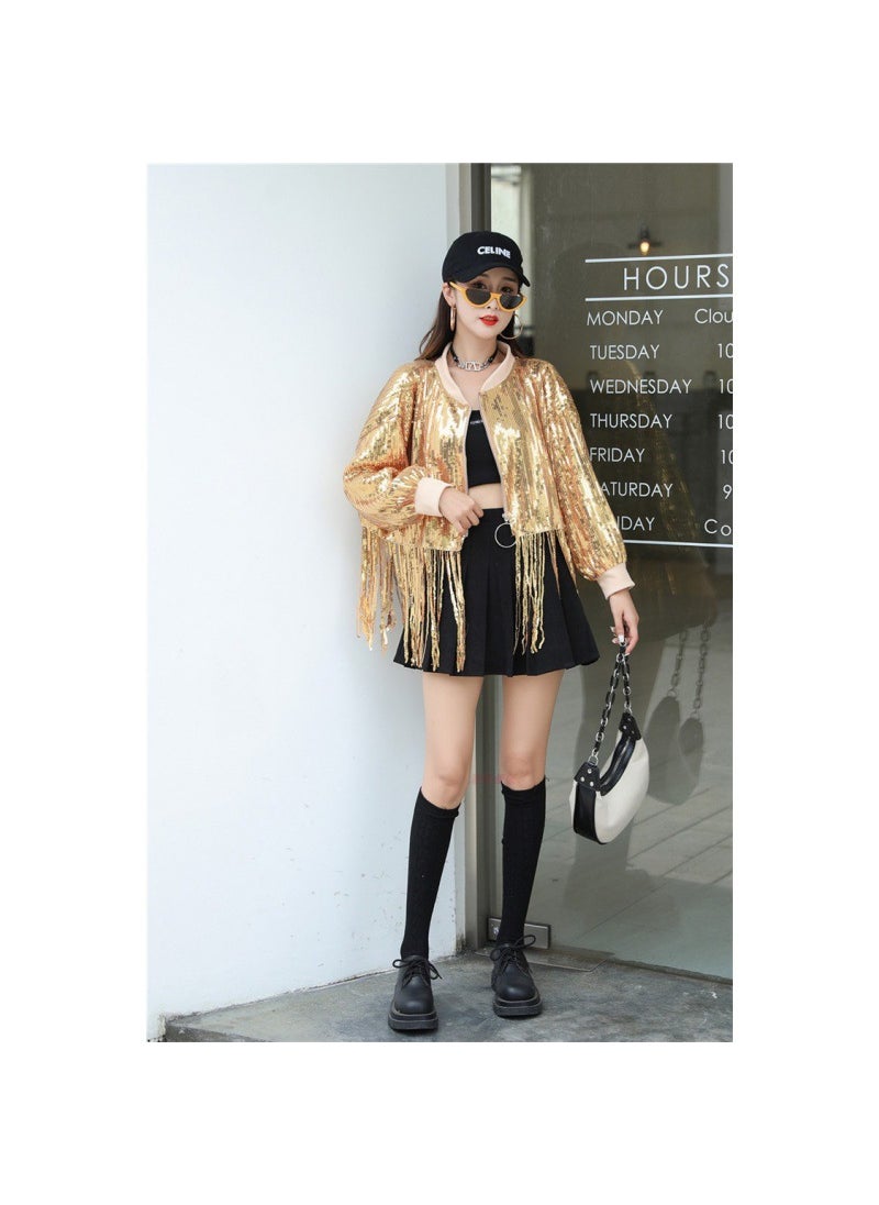 Generic - Sequin Crop Jacket Loose Glitter Singer Streetwear Silver - Image 1