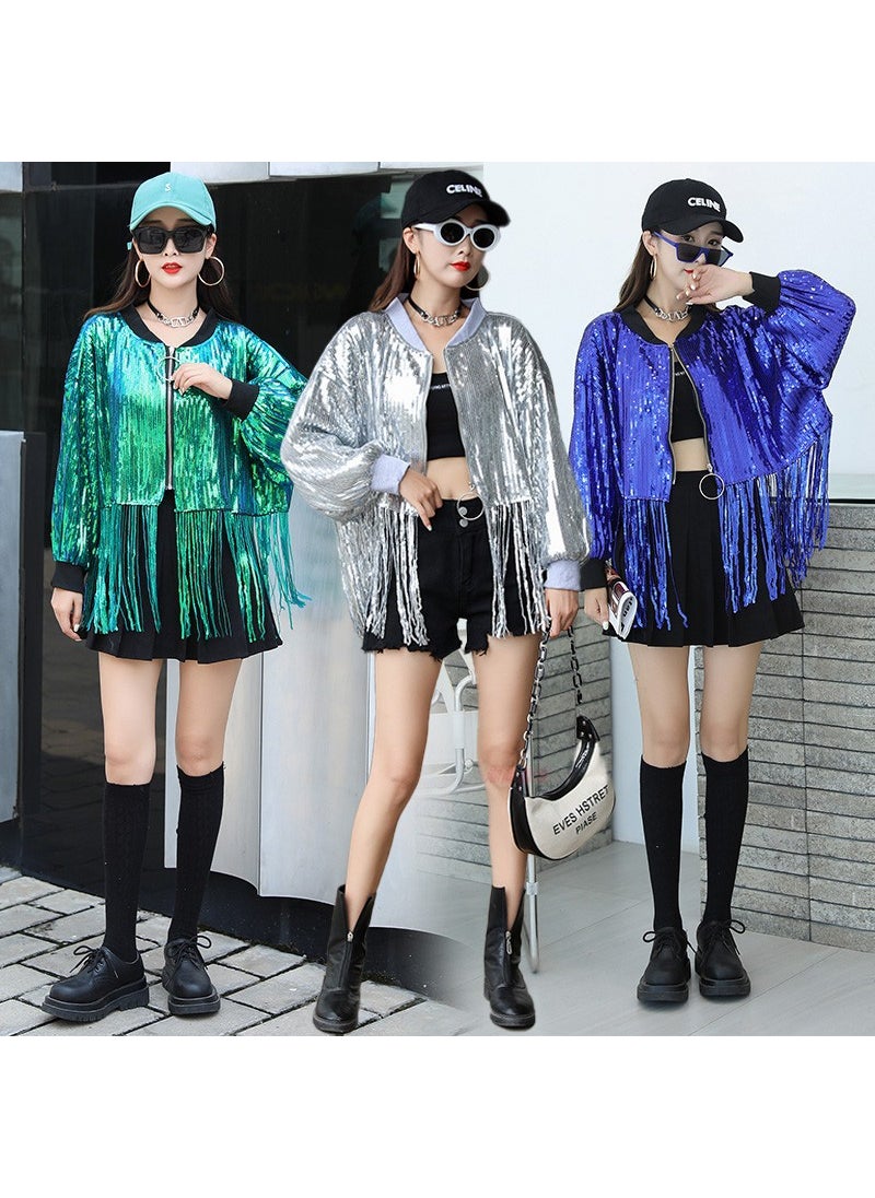 Generic - Sequin Crop Jacket Loose Glitter Singer Streetwear Silver - Image 1