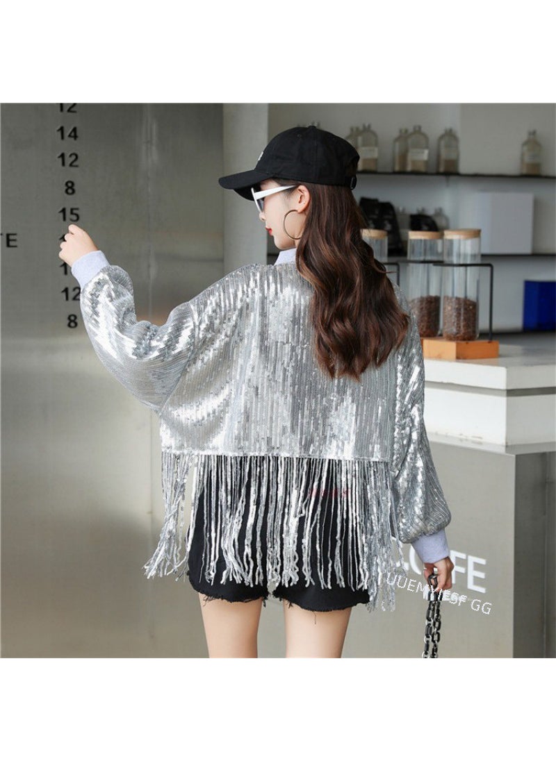Generic - Sequin Crop Jacket Loose Glitter Singer Streetwear Silver - Image 1