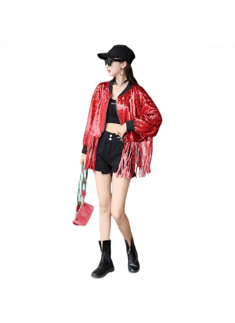 Generic - Sequin Crop Jacket Loose Glitter Singer Streetwear Silver - Image 1