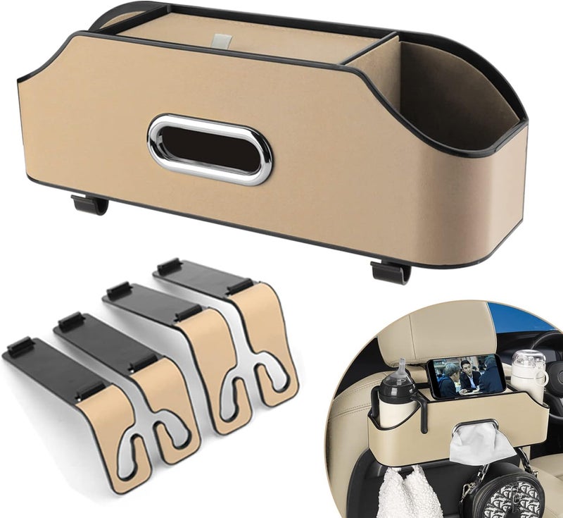 HALOYIVGO Car Seat Back Organizer - Stylish & Functional Storage for Family Adventures - Cup Holders, Tissue Box & Hooks - Perfect for Kids, Road Trips & Travel (Beige) - Image 1