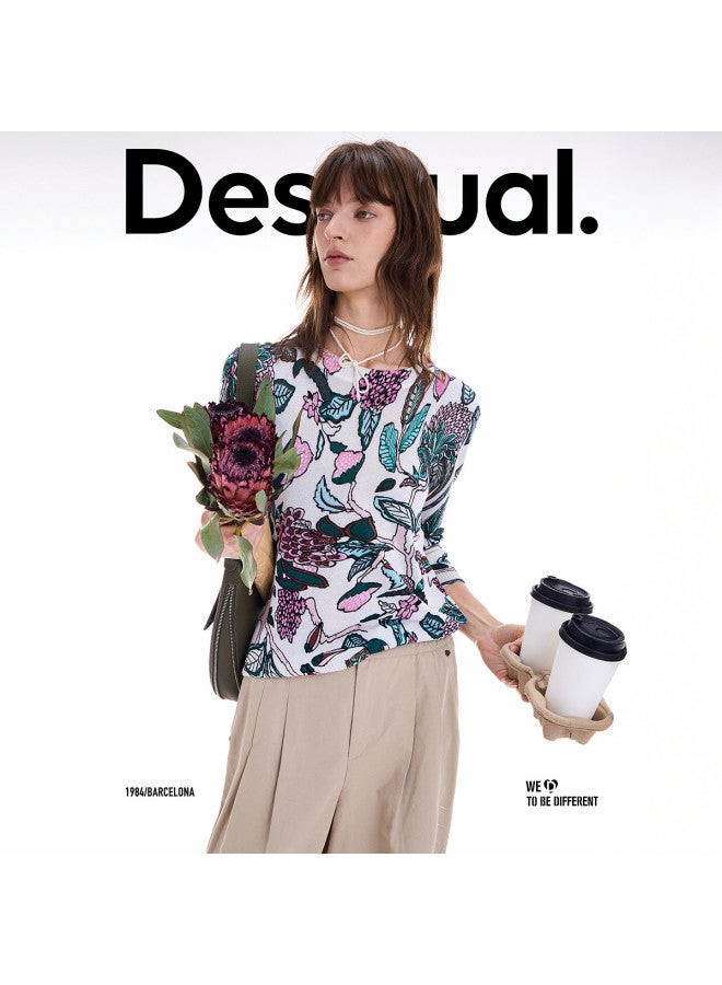 DESIGUAL سويت شيرت نسائي بياقة دائرية محبوك برسومات زهور مرسومة باليد، مجموعة خريف/شتاء 2025 - Image 4