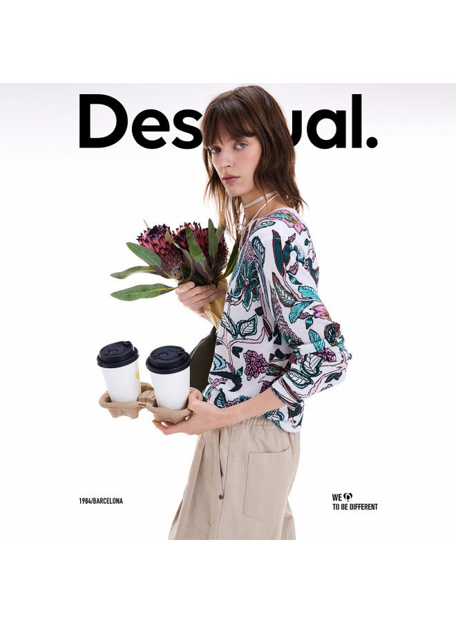 DESIGUAL سويت شيرت نسائي بياقة دائرية محبوك برسومات زهور مرسومة باليد، مجموعة خريف/شتاء 2025 - Image 2