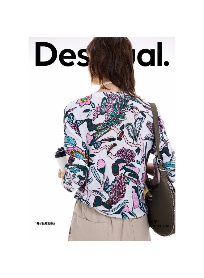 DESIGUAL سويت شيرت نسائي بياقة دائرية محبوك برسومات زهور مرسومة باليد، مجموعة خريف/شتاء 2025 - Image 5