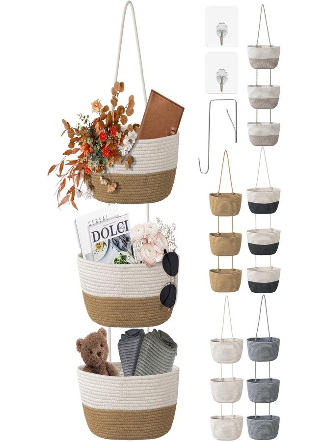 Wymulot 3 Tier Wall Mounted Woven Hanging Basket, Over the Door Hanging Basket with Hooks, Decorative Storage Hanging Closet Removable, Large Wall Basket for Living Room, Bedroom (White & Brown) - Image 1