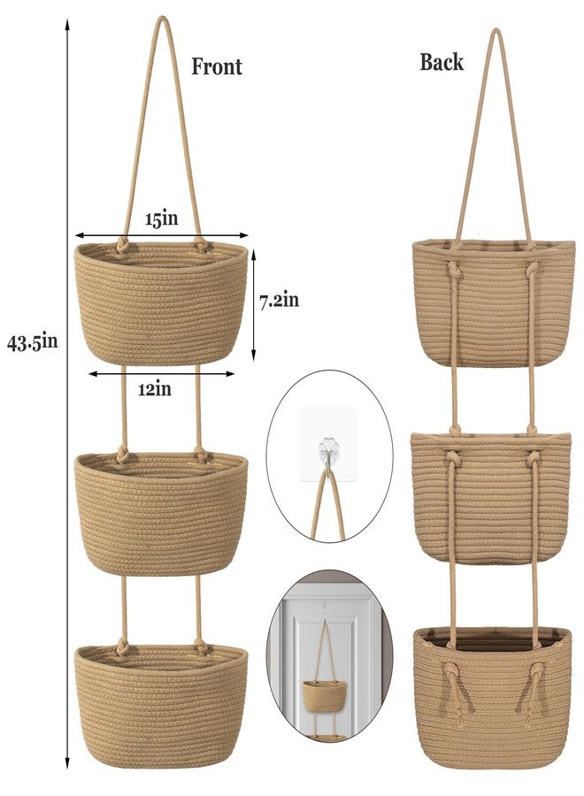 Wymulot 3 Tier Wall Mounted Woven Hanging Basket, Over the Door Hanging Basket with Hooks, Decorative Storage Hanging Closet Removable, Large Wall Basket for Living Room, Bedroom (White & Brown) - Image 2
