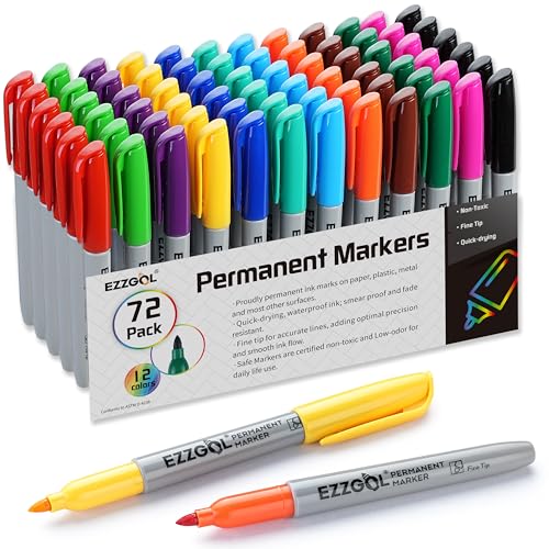 Ezzgol Permanent Markers Bulk, Permanent Marker Bulk Pack of 72, 12 Assorted Colors, Fine Point Permanent Markers For Kids and Adult Coloring as Office, School Supplies - Image 1