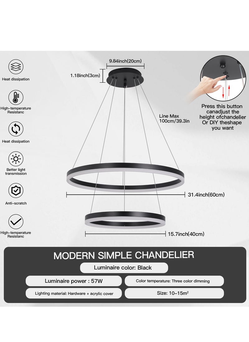 YATAI LIGHTING - ثريا غرفة النوم LED الحديثة السوداء ذات حلقتين كلاسيكية مناسبة لغرفة المعيشة وغرفة الطعام، مصباح ثريا من الأكريليك بدرجة حرارة لون قابلة للتعديل - Image 1