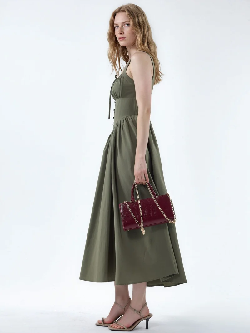 بوسيم BUSEM Midi Dress with Square Collar and Button Detail