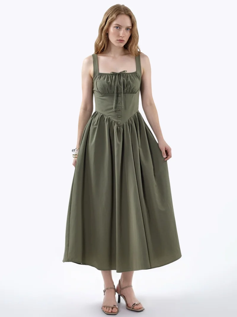 بوسيم BUSEM Midi Dress with Square Collar and Button Detail