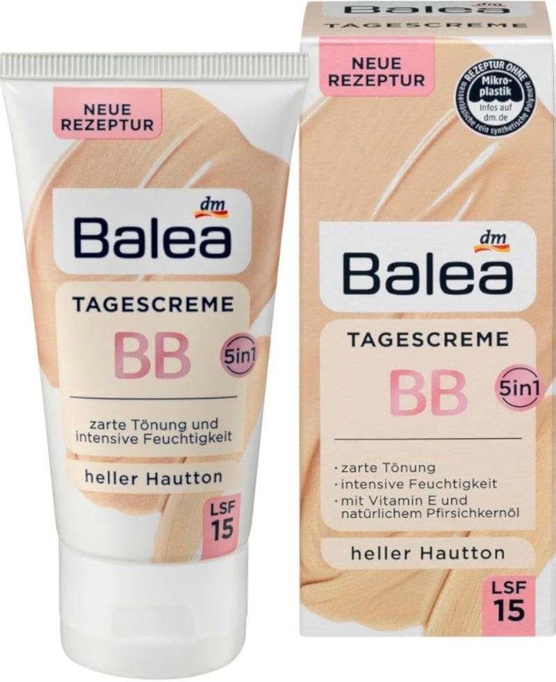 Balea BB Cream Light Skin Tone SPF 15, 50 ml,Delicate tint,Intense moisture,With vitamin E and natural peach kernel oil,Light skin tone